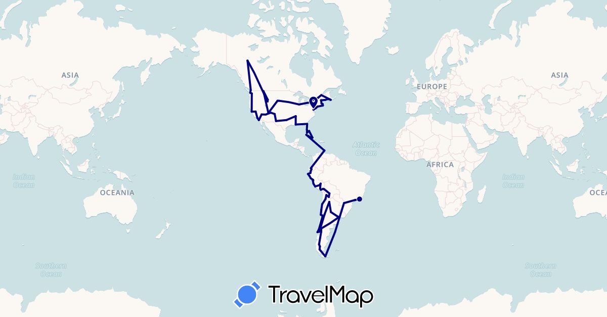 TravelMap itinerary: driving in Argentina, Bolivia, Brazil, Canada, Chile, Cuba, Ecuador, Peru, United States (North America, South America)